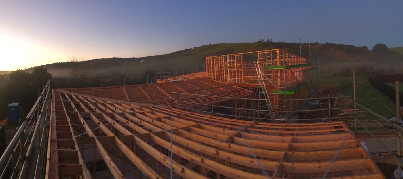 Roof framing at sunrise